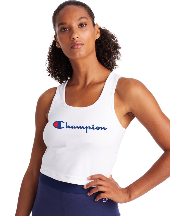 Champion Dame Tank Top Hvide - Authentic Crop Script Logo - Danmark BDX-153467